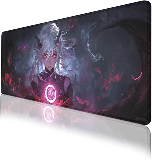Dark Anime Desk Pad Mouse Pad White Hair Demon Girl Magic Extended Mousepad Mat with Stitched Edge Non-Slip Base Big Mousepad Office Computer Keyboard 31.5"x11.8"