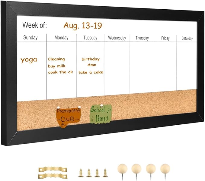 Magnetic Weekly Dry Erase White Board and Cork Board, Black Wood Frame，Magnetic Surface Whiteboard for Home Office and Wall Decor(ZHZL-3060BK)