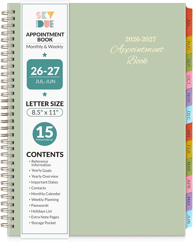 SKYDUE Appointment Book 2026-2027, Academic Hourly Planner from July 2026 - June 2027, 8.5" x 11" Weekly & Monthly Schedule Planner with 15-Minute Interval- Perfect for Daily Planning Green