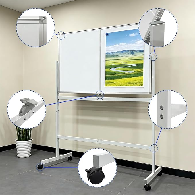 Mobile Whiteboard 48" × 32" with Rolling Stand, Double Sided Dry Erase Board on Wheels, Adjustable Height & 360° Rotation, White Frame for Office Classroom Home