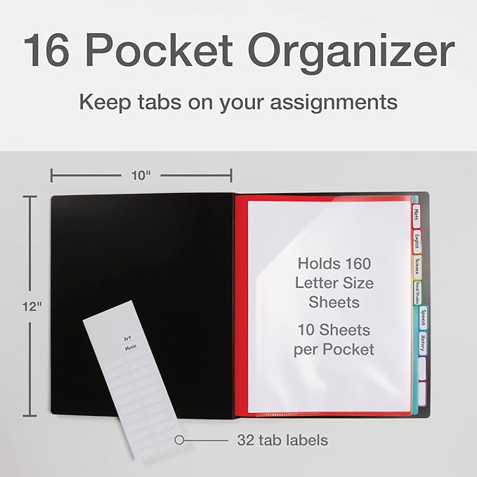 Pendaflex Project Organizer, File Organizer for School, Home and Office, Black with 16 Pockets and 8 Rainbow Tabs, Fits 160 Letter Size Sheets, Poly Tabs with Adhesive Labels (83144)