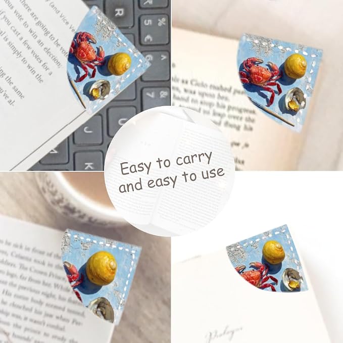 2PCS PU Leather Bookmarks 3.5x3.5 Inch Crab Seashell Ocean Design | PU leather bookmarks with red crab seashell design for beach novels, travel notes, art journals, ocean fans and readers.