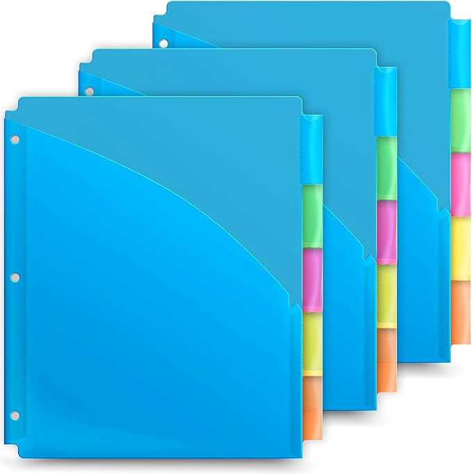 Dunwell 5-Tab Dividers with Pocket for 3-Ring Binders (3 Sets, 15 Count), Plastic One Pocket Dividers with Tabs, Slash File Jackets 3 Hole Punched for 8.5x11 Paper, Poly Pocket Notebook Dividers