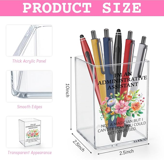 Cute Floral Administrative Assistant Acrylic Cosmetic Pencil Pen Holder Cup Administrative Assistant Day Gifts Decor for Home Office Desk Vanity Organizers and Accessories
