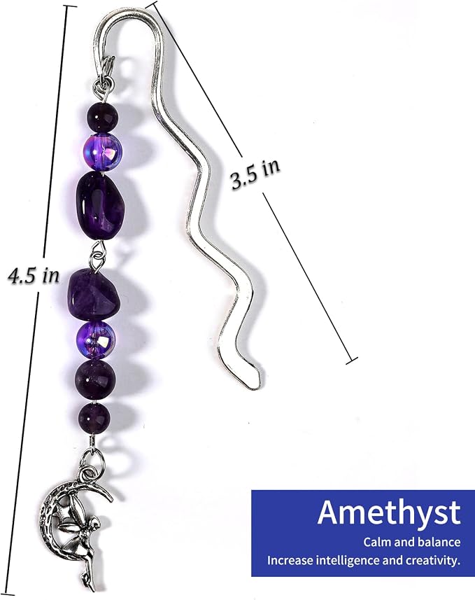 Vintage Metal Angel Bookmark Pendant with Natural Crystal Bead Chain–Elegant Fairy Bookmarks for Women,Men,Book Lovers,Teachers and Students(Amethyst)