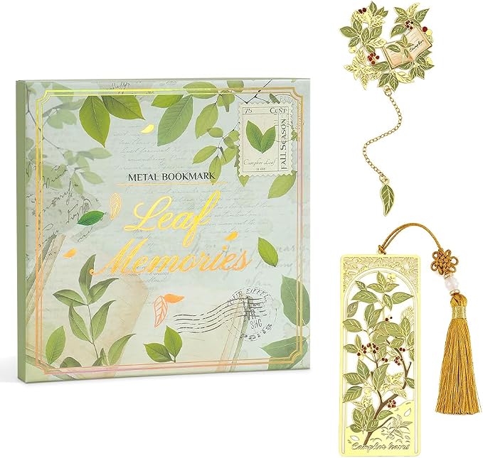 icceemee 2PCS Camphor Leaf Theme Bookmark, Cute Bookmark for Women with Hollow-Out Square & Irregular Design, Natural Tassel Book Marks Set in Gift Box, for Book Lovers