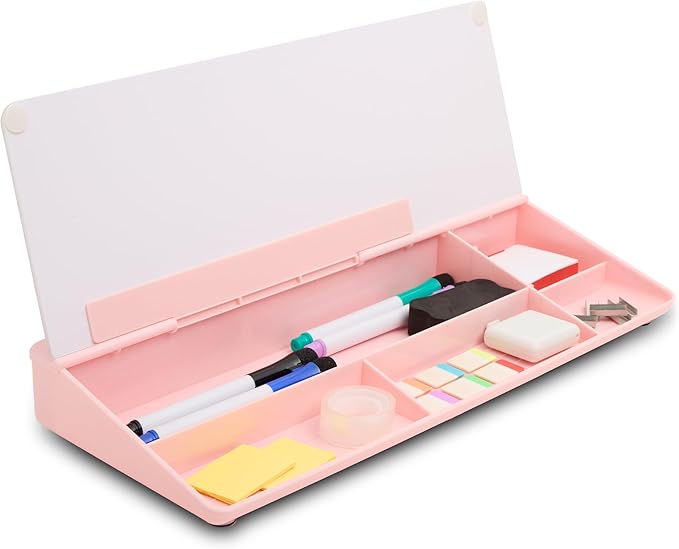 GAROOD Desktop Dry Erase Board with Storage (Pink Base) Desk White Board Desk Board Glass Desktop White Board with Stand Home Office Organizer Phone Holder 15.8X7X2 inches
