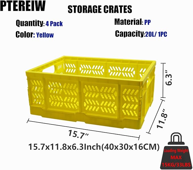 20L Folding Crate, 4Pack Plastic Storage Baskets Organizer for Home and Office,Collapsible Storage Crates for Home Office and Outdoor Organizer.(Yellow) w