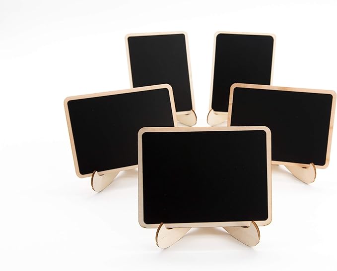 DSTELIN 10 Pack Mini Chalkboards Signs with Easel Stand, Small Rectangle Chalkboards Blackboard, Wood Place Cards for Weddings, Birthday Parties, Message Board Signs and Event Decoration