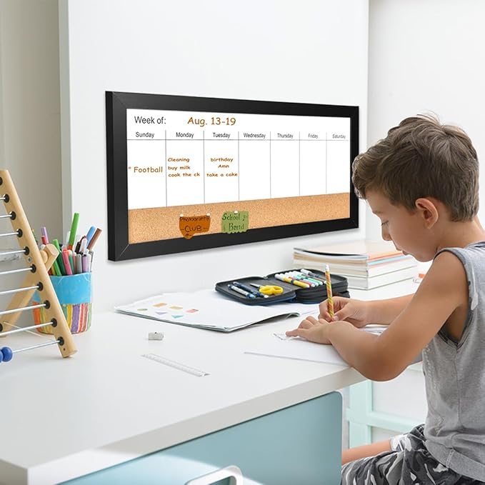 Magnetic Weekly Dry Erase White Board and Cork Board, Black Wood Frame，Magnetic Surface Whiteboard for Home Office and Wall Decor(ZHZL-3060BK)