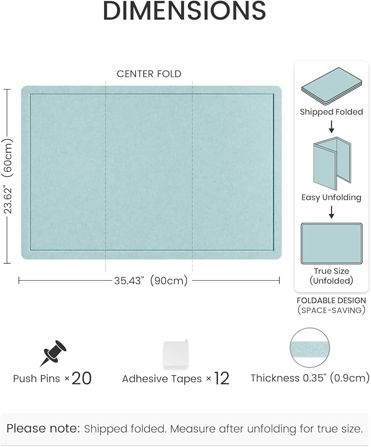 Fluxynara Bulletin Board,35.4" x 23.6" Cork Board Alternative with 12 Safe Removable Adhesive Tabs, Foldable Felt Pin Board for Home Office, Classroom, Bedroom,Entryway for Walls—Aqua Blue