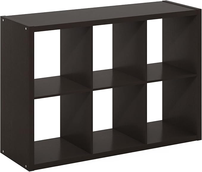 Furinno Cubicle Book Shelf, 6-Cube Bookshelf, Extra Thick Frame Horizontally & Vertically Reversible Bookcase with Open Back, 14.6" x 44" x 30", for Living Room, Bedroom, Home Office, Black Dark Oak