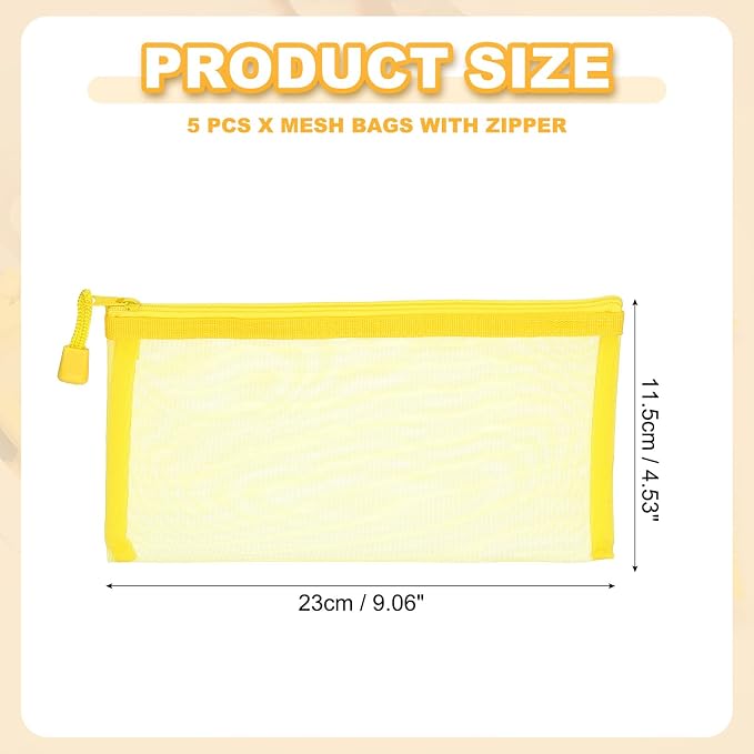 PATIKIL B6 Mesh Zipper Pouch Bags, 5 PCS Mesh Bags with Zipper Plastic Storage Pocket for Organizing File Beads Office Home Supplies, 11.5x23cm, Yellow