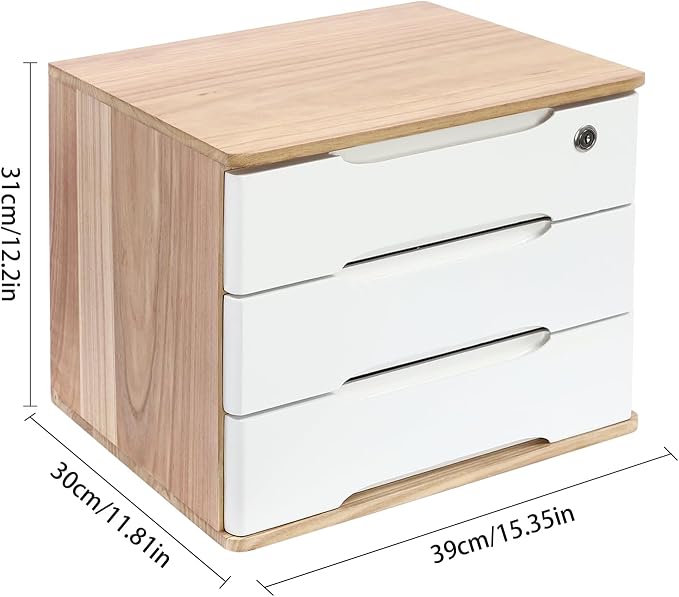 3-Tier Desk Organizer with Lockable Drawers,1 Locks & 2 Keys, Categorized Storage Desktop File Cabinet,Wooden Desktop Storage Box (Wood Color, White)
