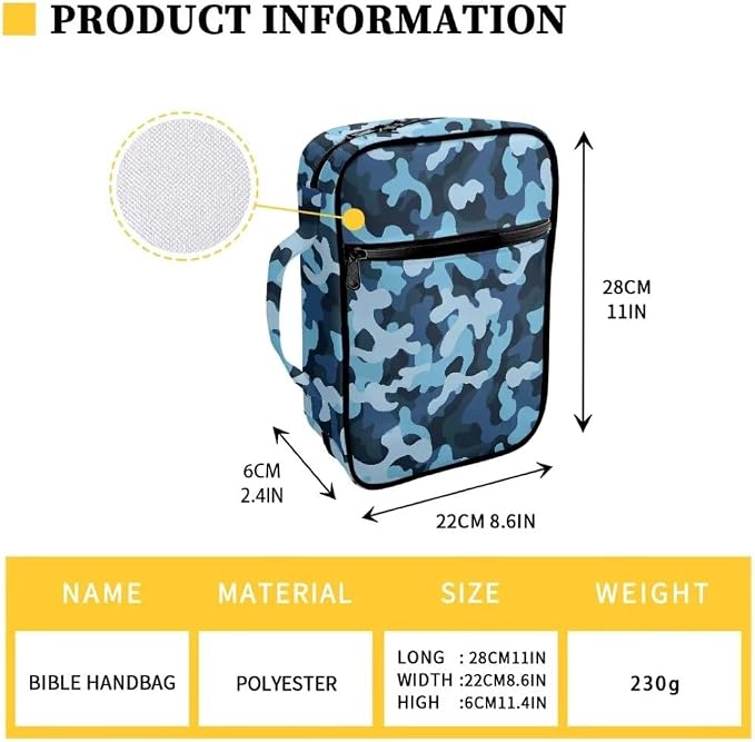 Coldinair Blue Camo Bible Cover for Kids Teen Men Church Bible Protective Book Case with Pen Slot Handle & Zippered Pocket Travel Christian Bible Accessories