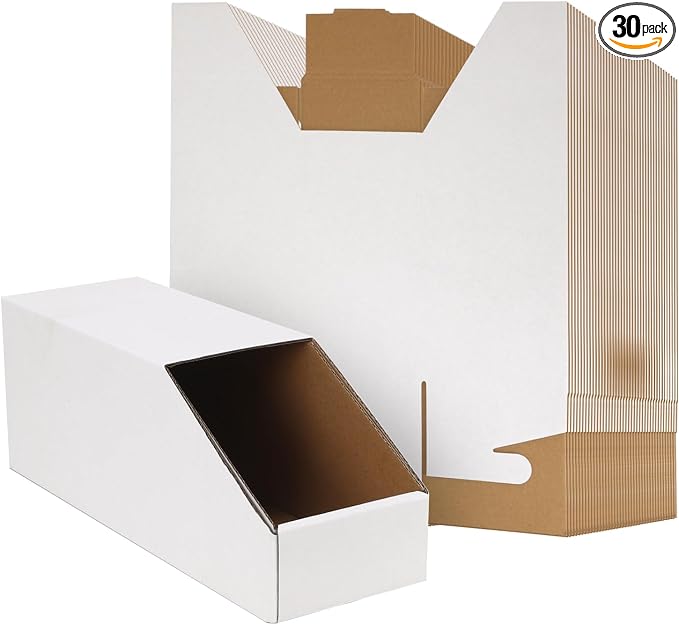 EXYGLO Stackable Cardboard Storage Bins 30 Pack, 12x4x4.5 Inch Cardboard Boxes with Lid, Corrugated Organizer Bins for Pantry, Shelves, Garage, Office, Shop, White