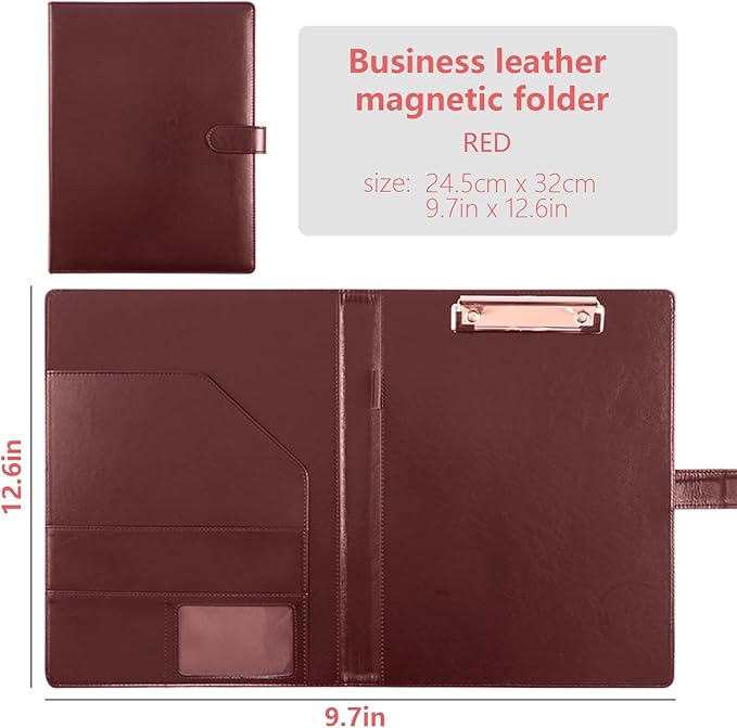 Faux Leather Portfolio with Clipboard – A4/Letter Size Legal Pad Holder, Resume Organizer and Writing Folder, Professional Business Conference Office Padfolio(red)