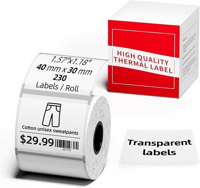 M110 Clear Thermal Label 1.57'' x 1.18'' (40 x 30 mm), Multi-Purpose Adhesive Transparent Thermal Labels Compatible with label maker M110/ M100/ M221/ M120/ M260/M220/M421/241BT/243BT, 230 Labels/Roll