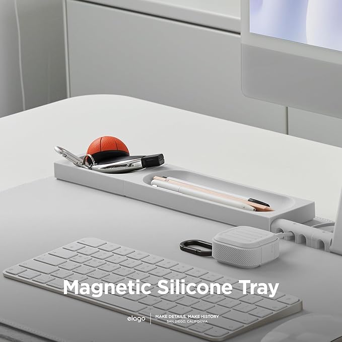 elago Smart Magnetic Desk Mat Pencil Tray – Soft Silicone Organizer for Office Supplies, AirPods, Glasses, Pens – Noise-Free, Washable, Item for Desk Management [Medium-Small Set] (Light Grey)