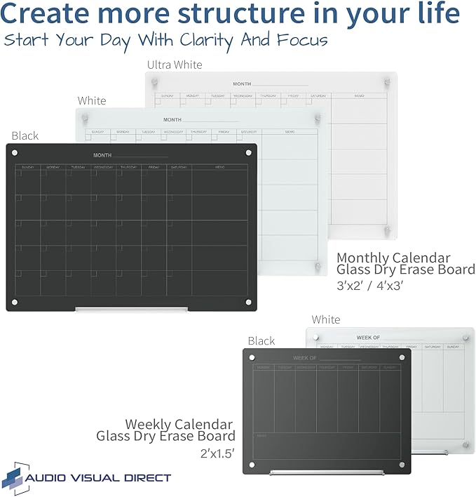 Audio-Visual Direct Magnetic Black 7 Day Calendar Glass Dry-Erase Board Set - 2' x 1.5' - for Wall - Weekly Planner
