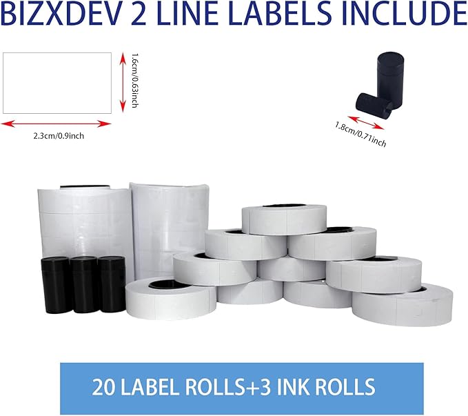 2 Line White Labels 20 Rolls 8000 Blank Price Date Labels with 3 Ink Rolls for BIZXDEV and Most 2 Line Price Guns