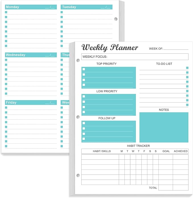 3-Hole Weekly Planner Refills - 53 Sheets/106 Pages Weekly Planner for 3 Ring Binders, 100 gsm White Paper, Lasts 1 Year, Undated, 8.5'' x 11'', Teal
