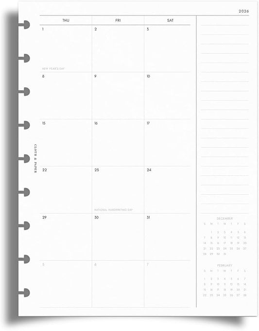 Cloth & Paper 2026 Monthly Planner Inserts | HP Classic Size 7 x 9.25 Inches | 9 Disc Punched Agenda Refills | Sunday Start, 84 Pages | Minimalist Monthly Organizer Pages | Heavyweight Paper