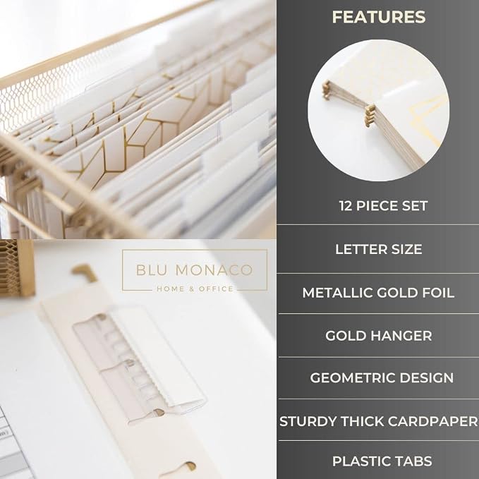 BLU MONACO | Decorative Hanging File Folders Letter Size 12 Pack | Cream White Filing Set with Gold Foil | Hanging Legal File Folders with Tabs for Cabinet Organization