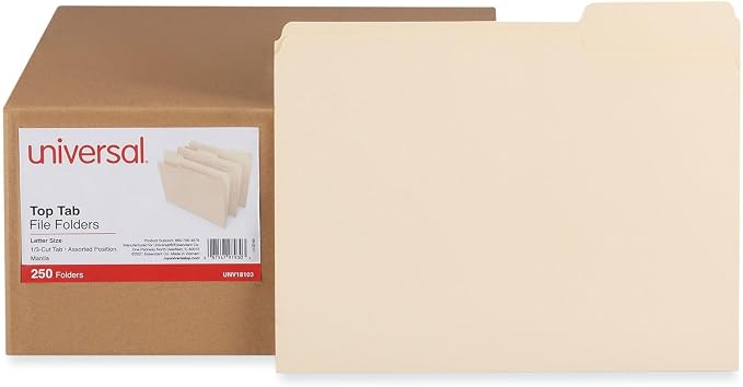 Universal Top Tab File Folders, 1/3-Cut Tabs: Assorted, Letter Size, 0.75" Expansion, Manila, 250/Box