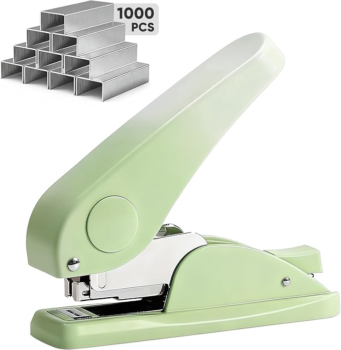 Effort-Saving Office Desk Stapler with 1000 Standard 1/4" Staples, Heavy Duty Durable Standard Smooth Jam-Free Stapling, Perfect for Home, School, Office, Business, Paperwork - Green