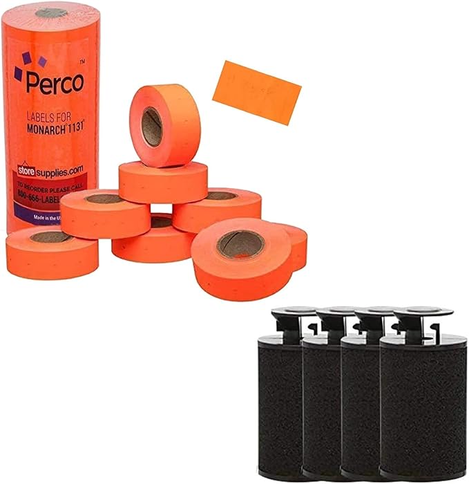 Perco Fluorescent Red Pricing Labels for Monarch 1131 Pricing Gun - 1 Sleeve, 20,000 Price Gun Labels Bundle with Monarch Ink Roll for Monarch 1131 & 1136 Price Labelers (Pack of 4)