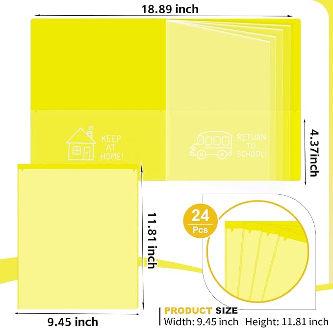 24 Pcs Back to School Take Home Folders for Elementary Students 2 Pocket Folders with Clear Front Pocket 4 Inner Pockets Plastic Parent Teacher Communication Folder 11.81 x 9.45 Inch (Yellow)