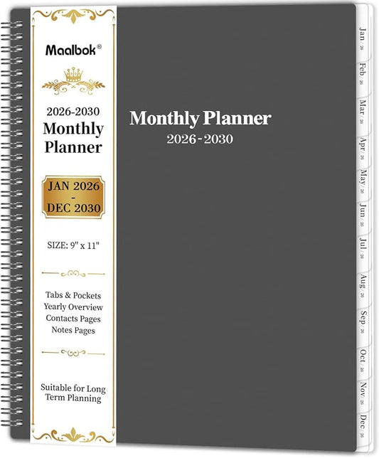 2026-2030 Monthly Planner/Calendar - Jan 2026 - Dec 2030, 5 Year Monthly Planner with Tabs & Celebrity Quotes, 9" x 11", Famous Quotes, Two-Side Pocket, Suitable for Long-Term Planning, Grey