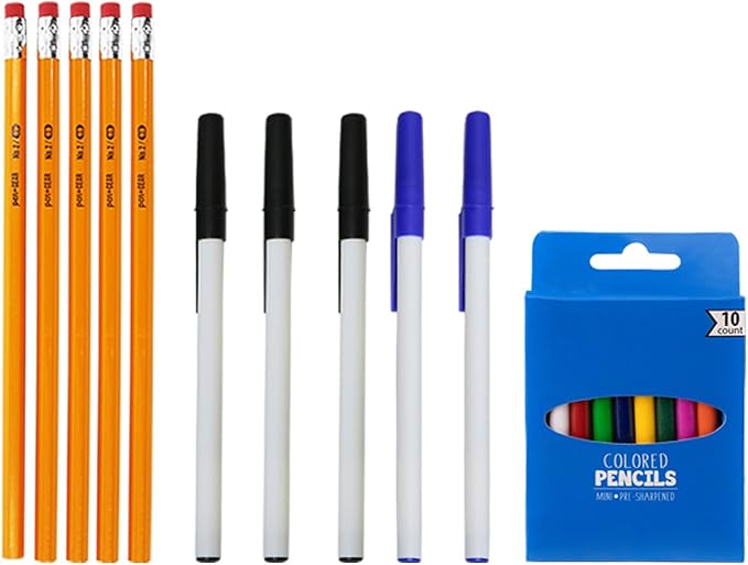 Moda West 50 Piece Bulk School Supplies Kits - Pens, Pencils, Crayons, and More - Value Pack of 24 Kits - Essential Box of School Supplies for Elementary, Middle, and High School Students