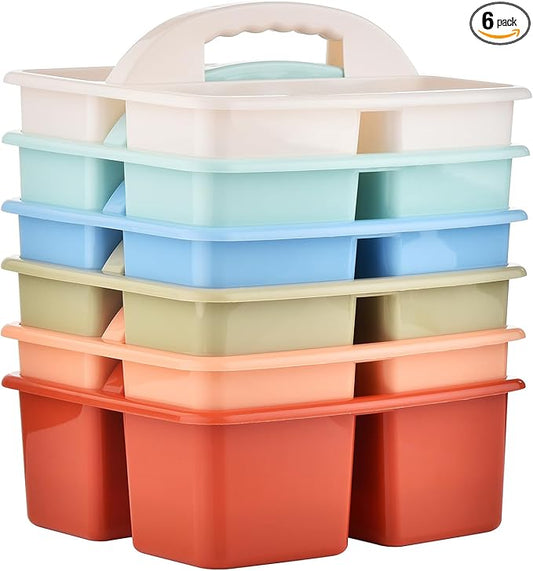 Plastic Storage Caddy Organizers, 6 Pcs Portable Teacher Classroom Supply Caddies with Handle, 3-Compartment Utility Craft Art Caddy for Kids, School Classroom and Office Organization, Boho Colors