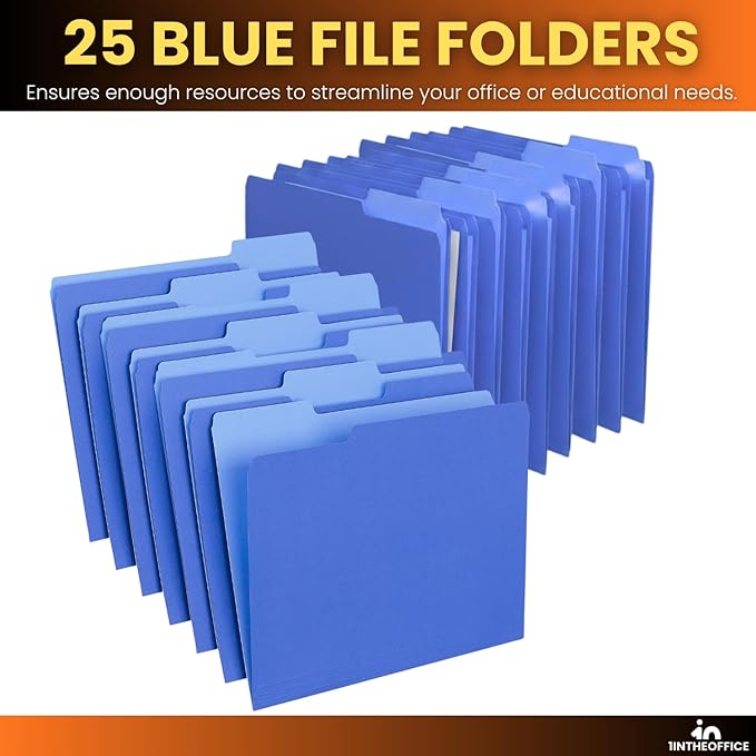 1InTheOffice Blue File Folders Top-Tab File Folders, 3 Tab, Blue Folders, Letter Size, 25/Pack