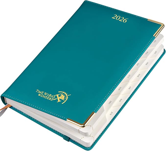 POPRUN Daily Planner 2026 (A5 Size-5.75" x 8.5") One Page Per Day Planner with Vegan Leather Hardcover - Agenda 2026 (Jan-Dec) Page A Day Calendar Book with Monthly Tabs, Inner Pocket TJ-Pacific Green