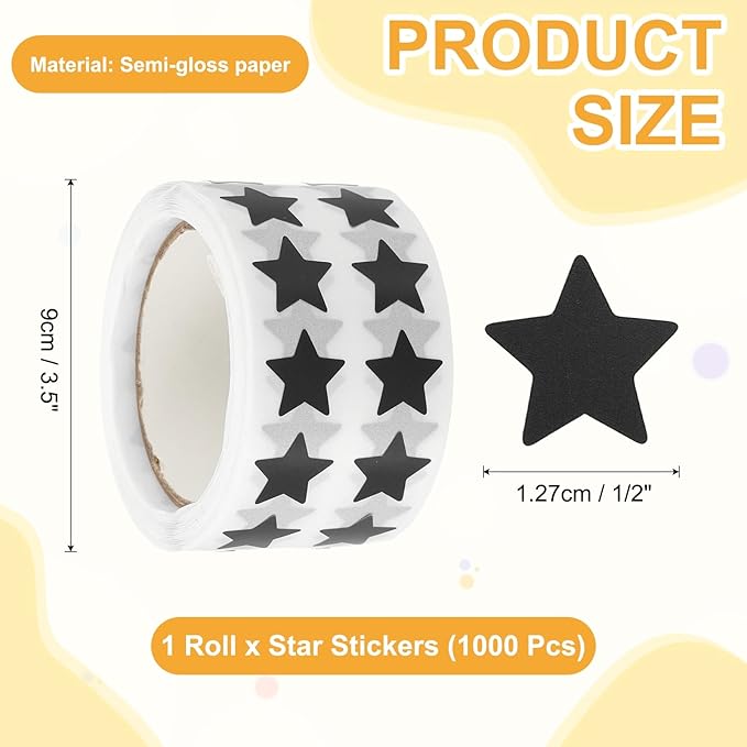 PATIKIL Star Stickers Roll 1/2", 1000 Pcs Self-Adhesive Reward Stickers Star Labels for Behavior Chart Classroom Teacher Supplies and DIY Craft, Black