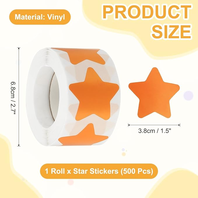 PATIKIL Star Stickers Roll 1.5", 500 Pcs Self-Adhesive Reward Stickers for Classroom Teacher Supplies and DIY Craft, Orange