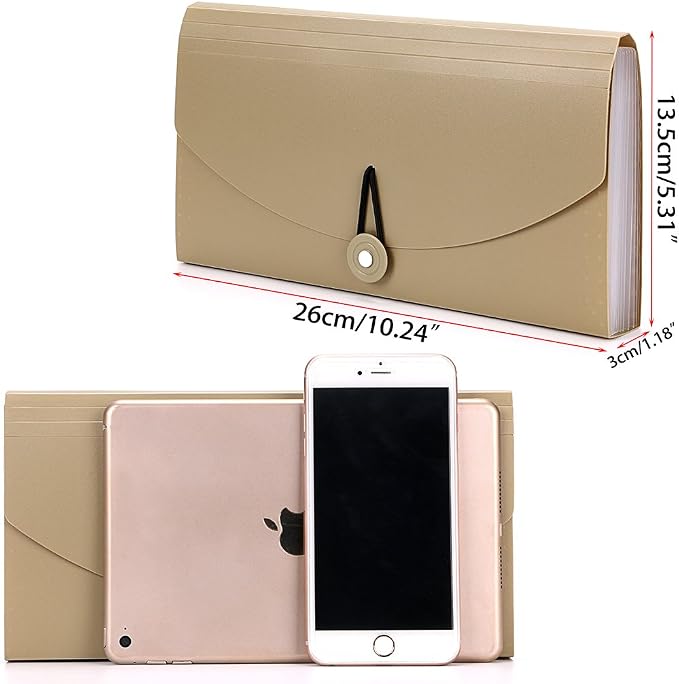 BTSKY Expanding File Folder - 13 Pockets Small Accordion Card and Ticket Holder, Document Organizer Wallet Case for Business, Check, Bill Storage, Khaki