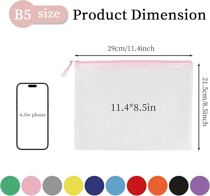 Multibey 10 Pack 10 Colors Mesh Zipper Pouch Bags, B5 Size Waterproof Plastic Zipper Pouches for Board Game Storage, Mesh Bags with Zipper for School Office Home (B5 11.4 x 8.5 inch)