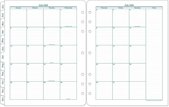 FranklinCovey - Original Ring-Bound Planner Refill - Two Page Per Month Calendar Tabs (Monarch, Jul 2026 - Jun 2027)