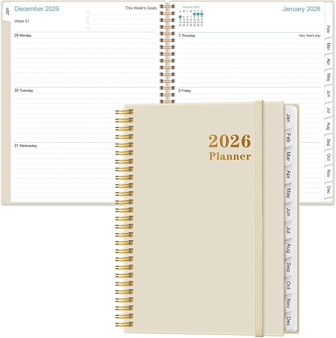 Planner 2026 For Women & Men - Monthly and Weekly Calendar Planner from January 2026 - December 2026, Student Planning with 12 Tabs for Office School Supplies, Inner Pocket, 8.5" x 11", Beige