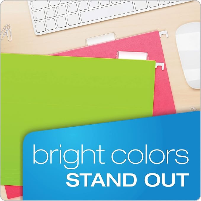 Pendaflex Hanging File Folders, 25-Pack, Letter Size, Bright Neon Assorted Colors, Document Organization for Home Office and School Supplies, Includes Clear Tabs with Labels, 1/5-Cut Adjustable