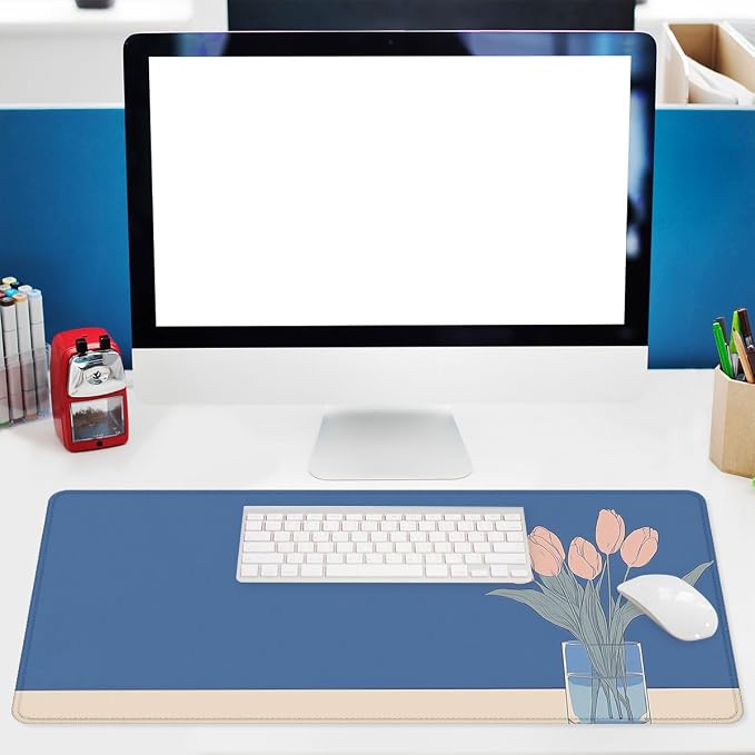 Minimalist Flowers Desk Mat Gaming Mouse Pad Blue Tulip Vase Large Gaming Mouse Mat with Stitched Edges,Non-Slip Waterproof Rubber Base Mous Mat Office Computer Keyboard 31.5"x11.8"