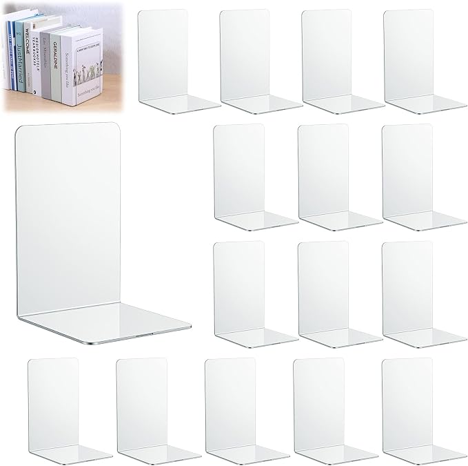 16 Pcs Clear Acrylic Bookends for Shelves, Heavy Duty L-Shaped Book Ends for Books, Invisible Book Organizer & Holder for Office, Home, Library