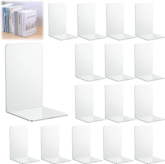 16 Pcs Clear Acrylic Bookends for Shelves, Heavy Duty L-Shaped Book Ends for Books, Invisible Book Organizer & Holder for Office, Home, Library