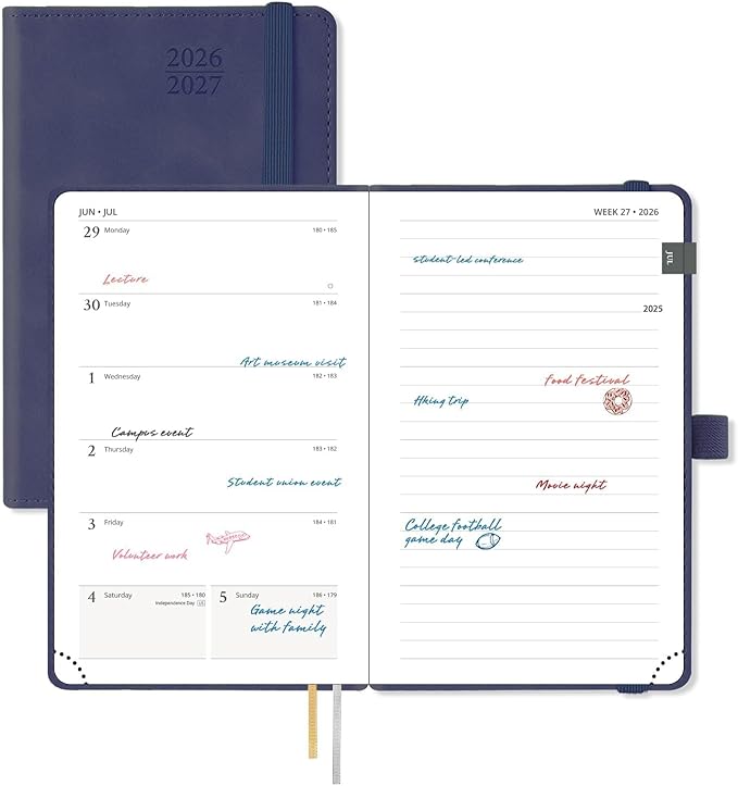 POPRUN 2026-2027 Pocket Planner (Size 4''x 6.25'') Weekly and Monthly Academic Calendar (JUL.26 - JUN.27) with Note Page and Monthly Tabs, Inner Pocket, Leather Soft Cover, 100 GSM - Navy Blue