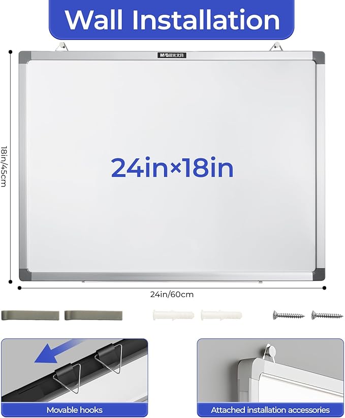 M&G Dry Erase Board Magnetic White Board for Wall, 24” x 18” Whiteboard with 2 Markers & 2 Magnets & 1 Eraser, Hanging Whiteboard with Silver Frame for Planning, Drawing, to Do List, Office Use