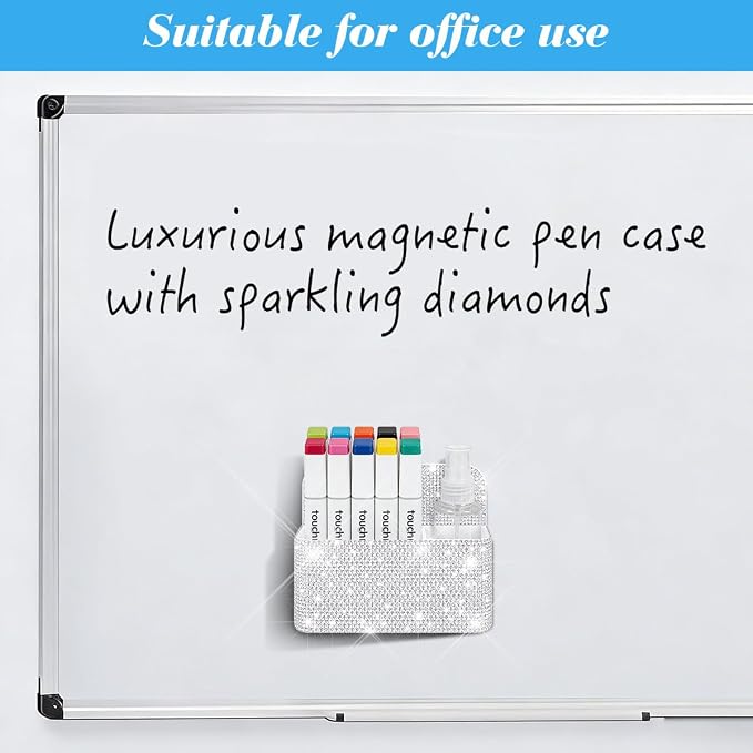 Bling Magnetic Marker Holder for Whiteboard Pen Holder for Women Girls Sparkly Gift Desk Organizer with Glitter Rhinestones for Christmas School Office Supplies (White)